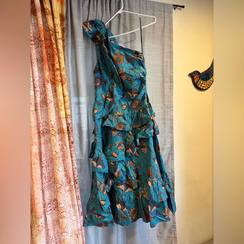 NWT Ulla Johnson Teal One-Shoulder Floral Ruffle Dress Size 12